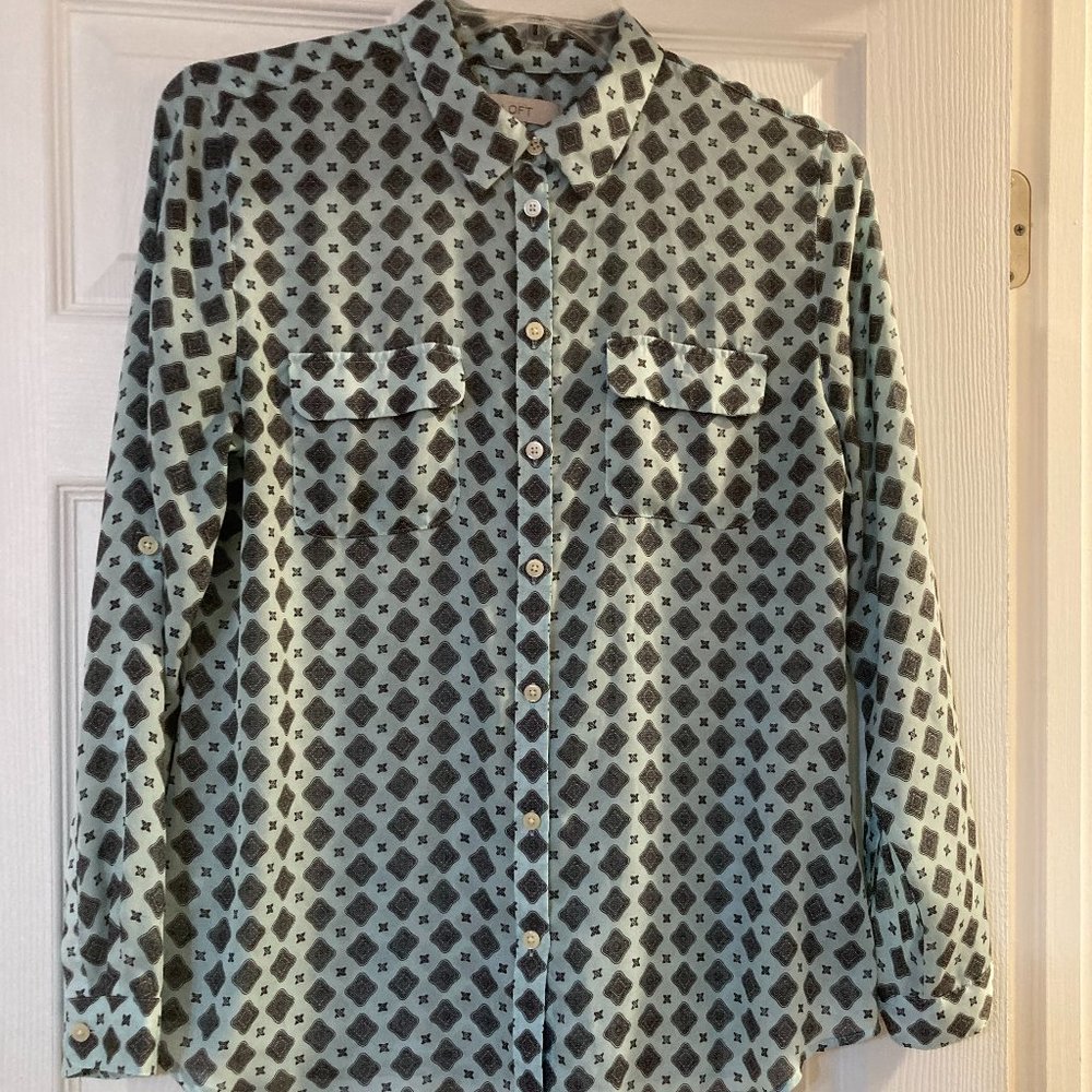 LOFT Silky Long Sleeve Blouse Blue/Green Size L